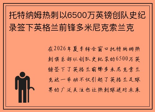 托特纳姆热刺以6500万英镑创队史纪录签下英格兰前锋多米尼克索兰克