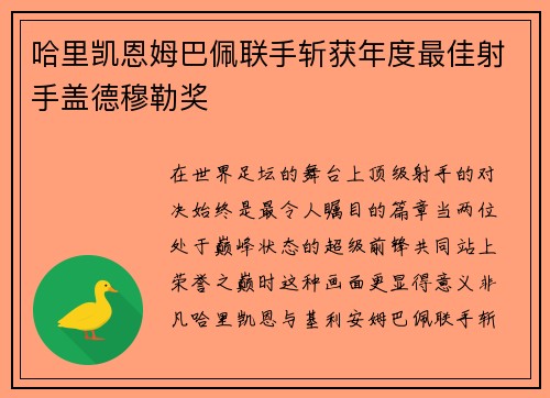 哈里凯恩姆巴佩联手斩获年度最佳射手盖德穆勒奖 哈里凯恩姆巴佩联手斩获年度最佳射手盖德穆勒奖